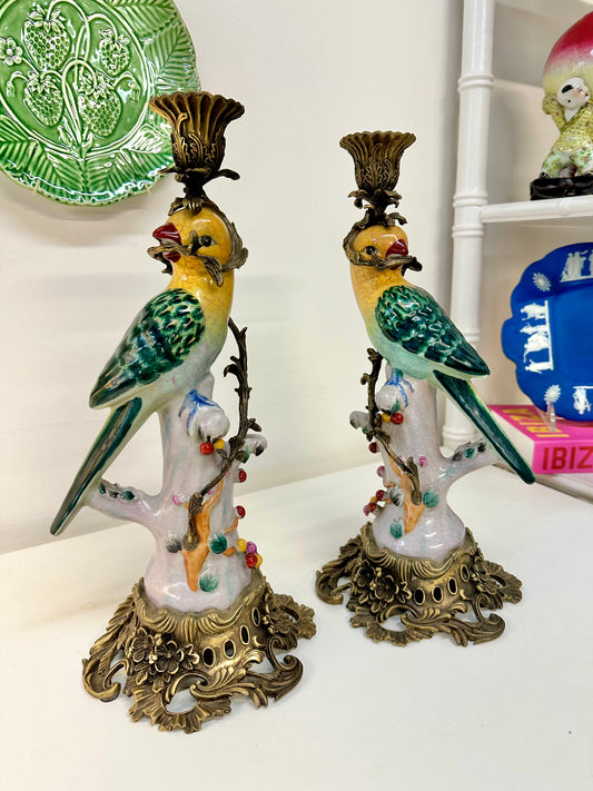 Hand Painted Bronze wrapped Porcelain Ormolu Parrot Candle holders