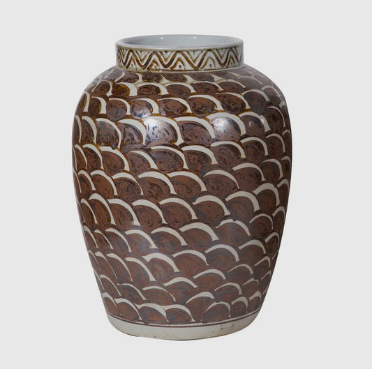 Rusty Brown Jar with Fish Scale Pattern