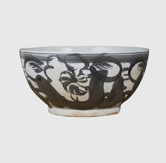 Black Porcelain Bowl Twisted Flower Motif