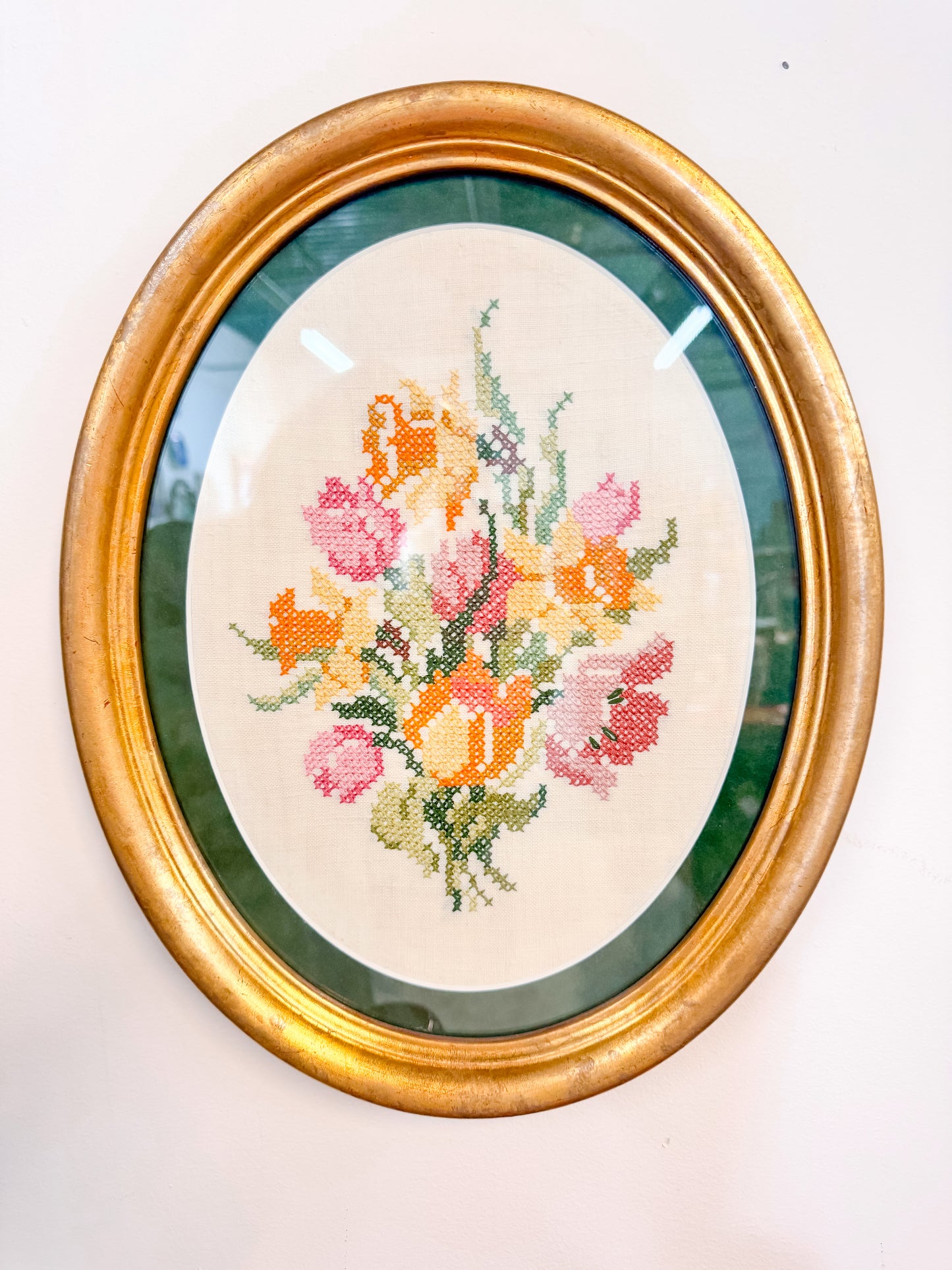 Vintage Cross Stitch Framed Floral Art