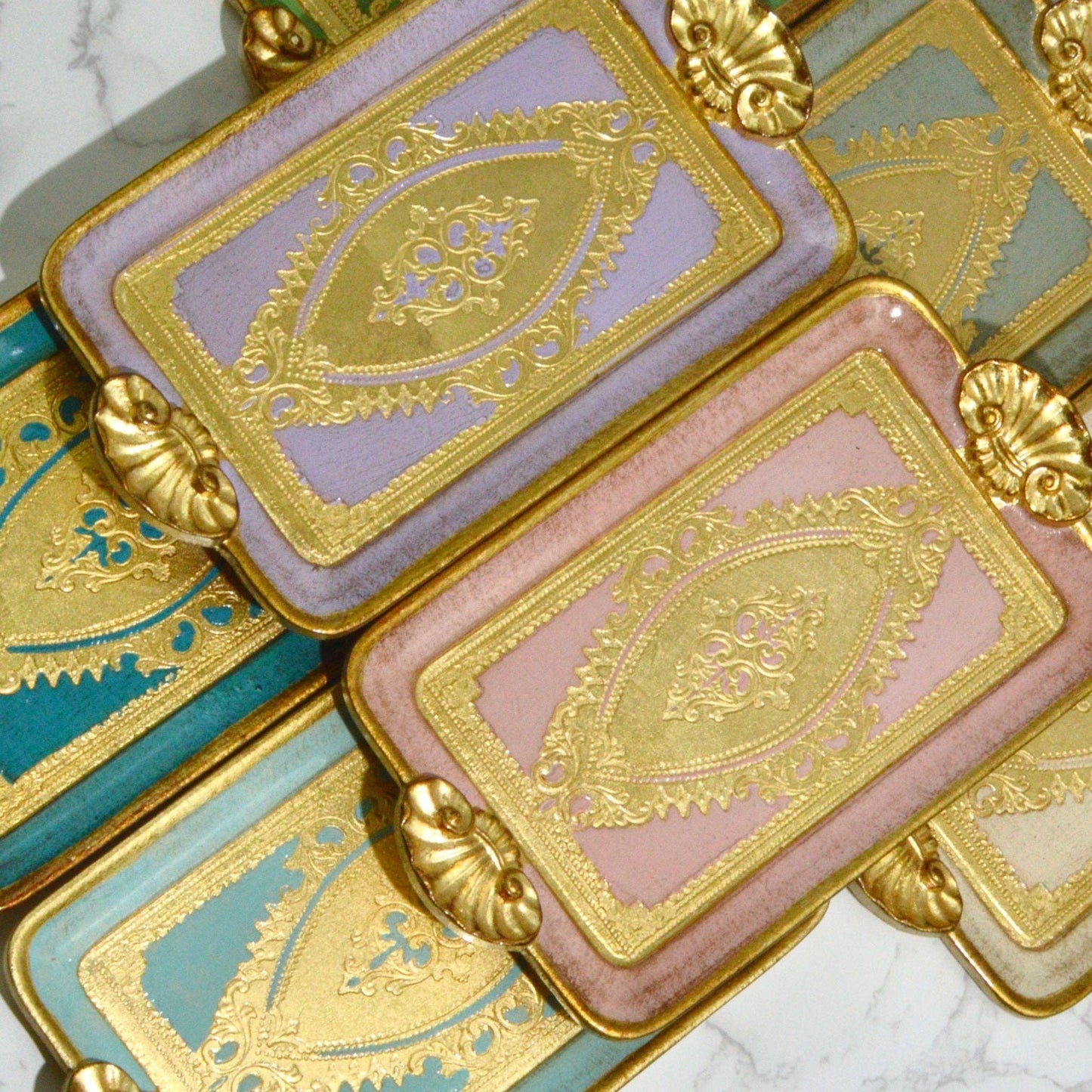 Florentine Carved Wood Rectangle Mini Tray with Shell Handles, Made in Italy: Sage Green