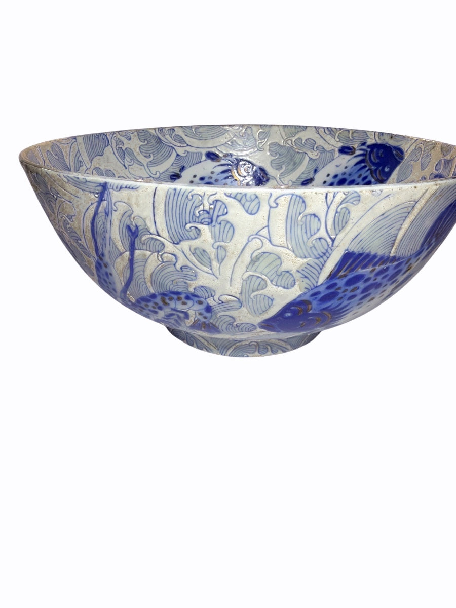 Asian Blue & White Ceramic bowl with Fish & Floral Motif as found