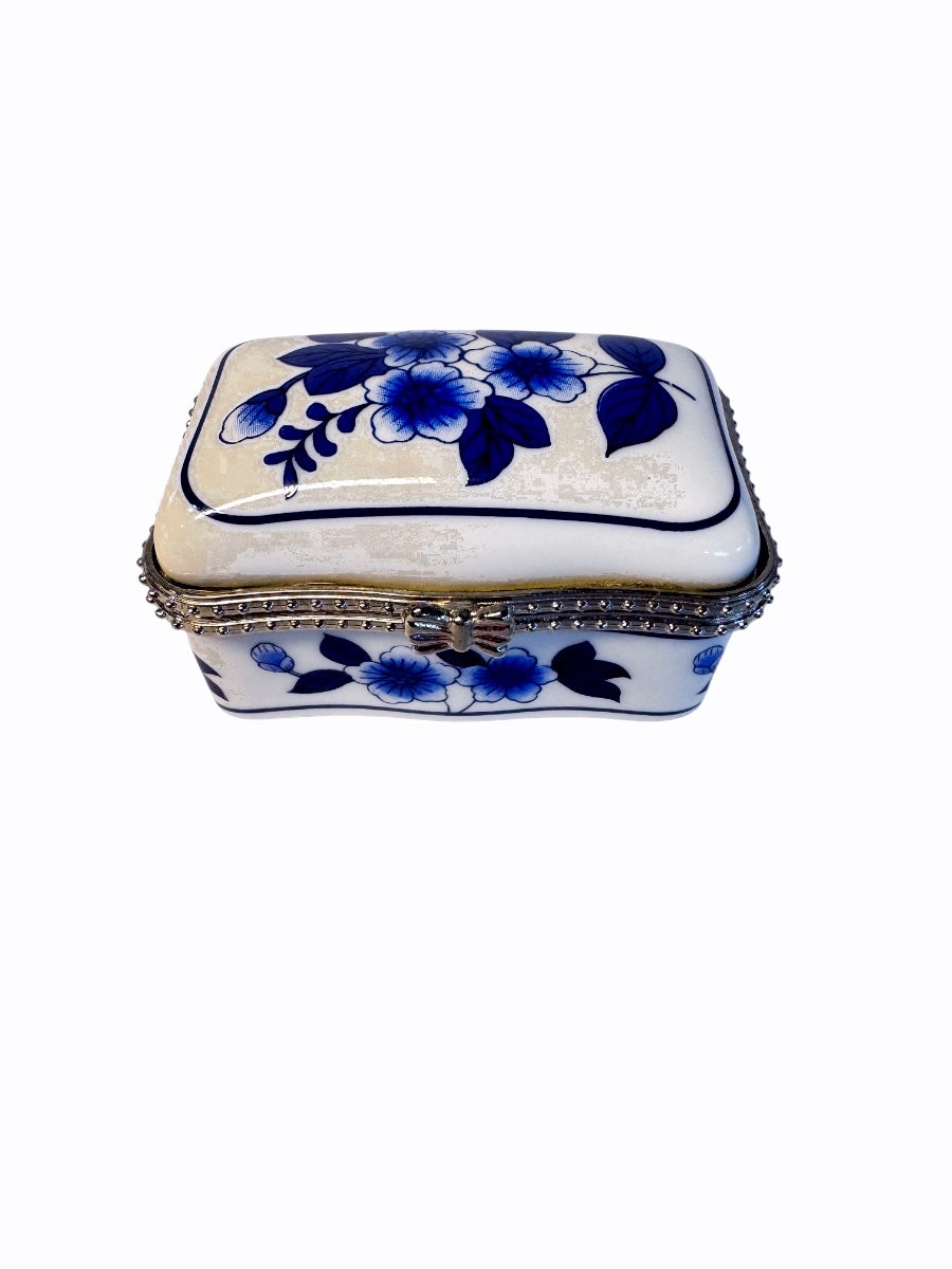 Vintage Blue and White Floral Porcelain Hinged Trinket Box