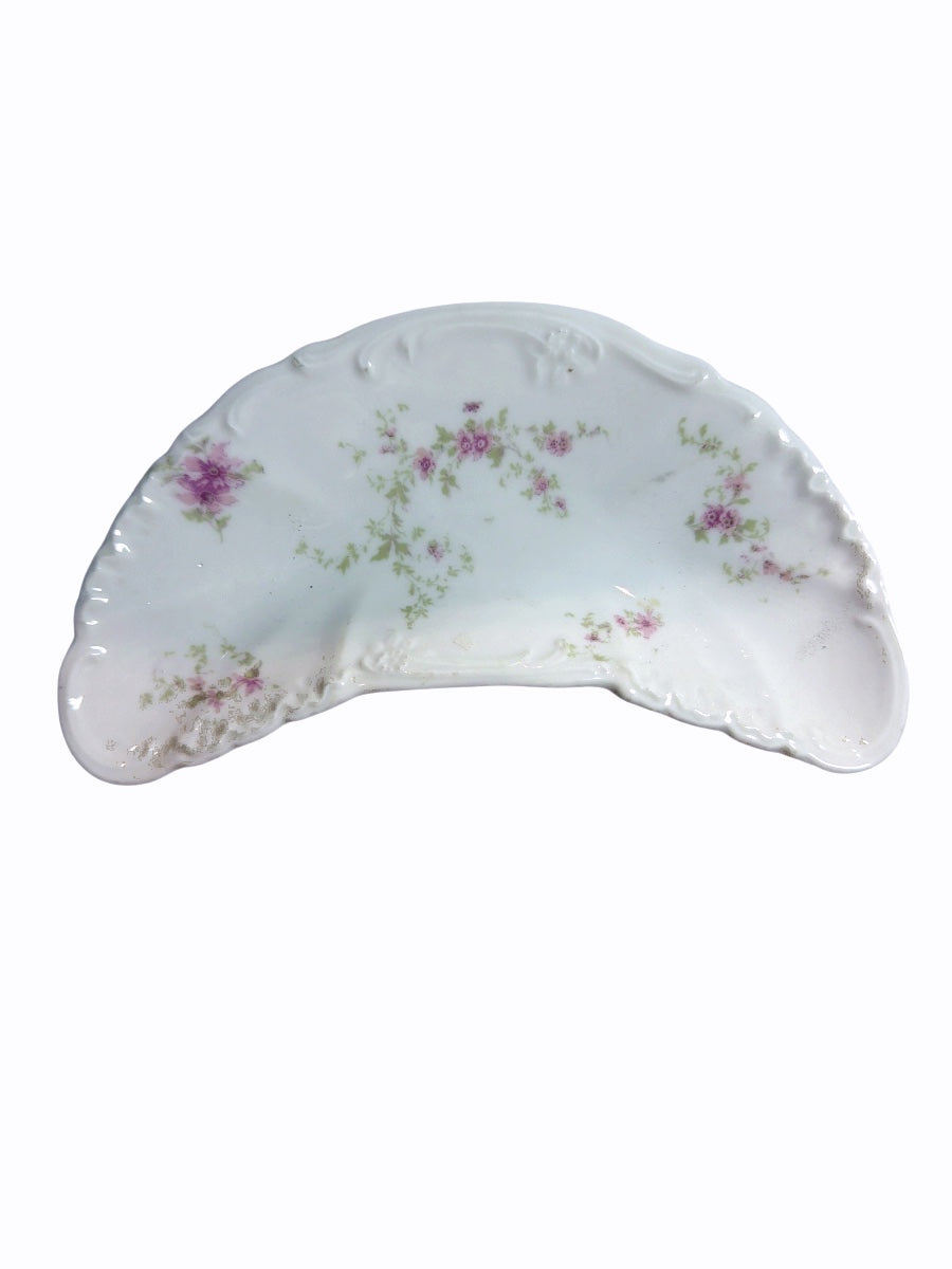 Antique Porcelain Crescent Bone Dish with Pink Floral Sprays