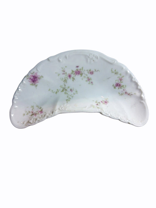 Antique Porcelain Crescent Bone Dish with Pink Floral Sprays