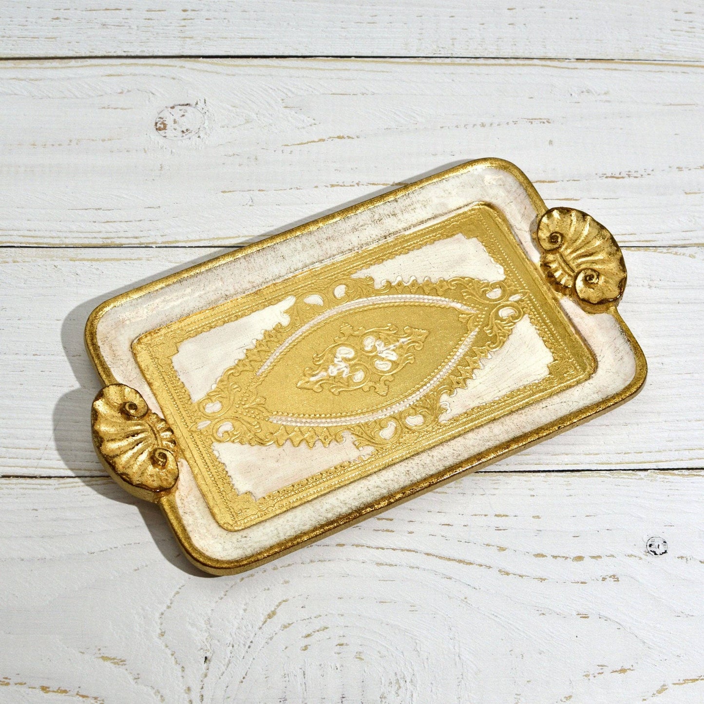 Florentine Carved Wood Rectangle Mini Tray with Shell Handles, Made in Italy: Sage Green