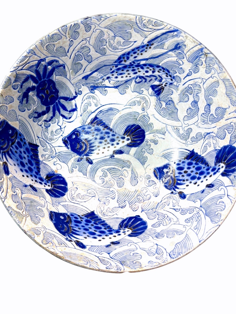 Asian Blue & White Ceramic bowl with Fish & Floral Motif as found