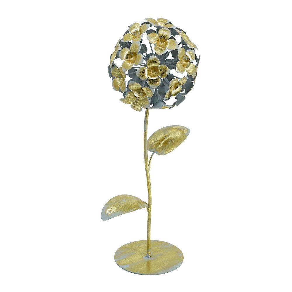 Gold Iron Hydrangea Statue on Round Base 5x5x14"