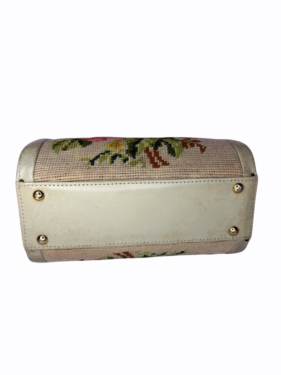 Vintage Floral Needlepoint & White Leather Frame Handbag