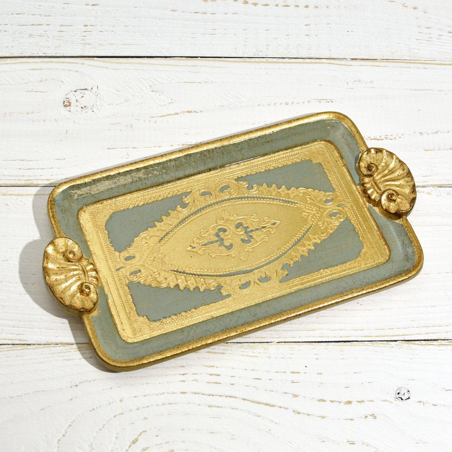 Florentine Carved Wood Rectangle Mini Tray with Shell Handles, Made in Italy: Sage Green
