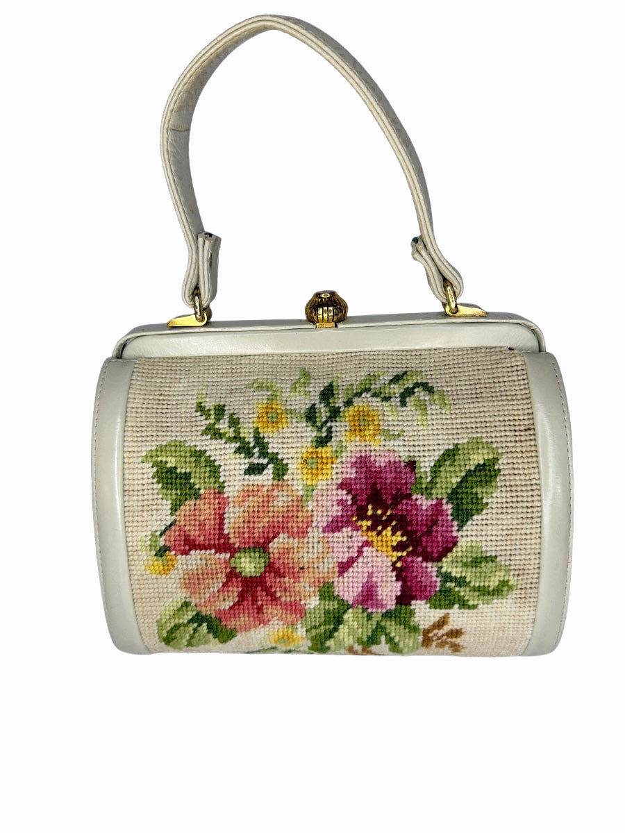 Vintage Floral Needlepoint & White Leather Frame Handbag