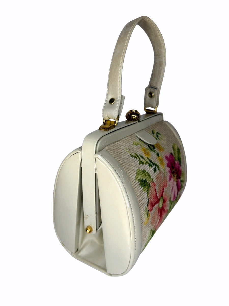 Vintage Floral Needlepoint & White Leather Frame Handbag