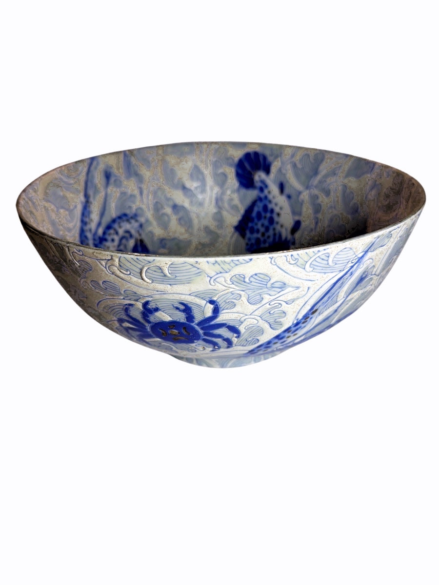 Asian Blue & White Ceramic bowl with Fish & Floral Motif as found
