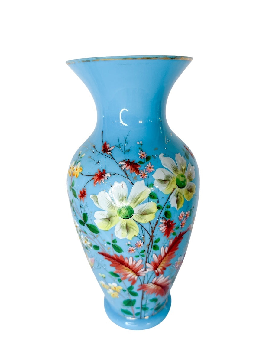 Antique Blue Opaline Glass Vase with Hand-Painted Enamel Florals