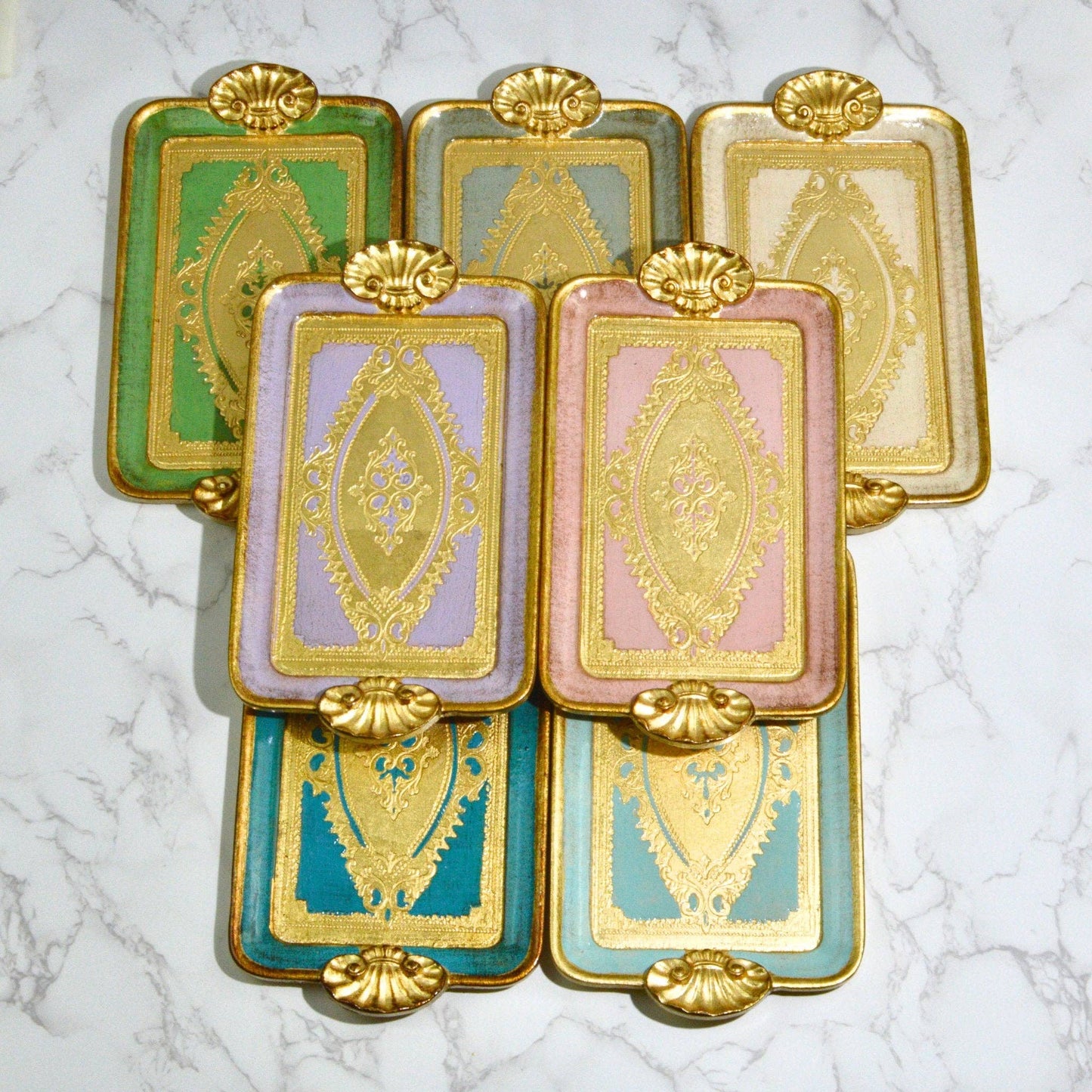 Florentine Carved Wood Rectangle Mini Tray with Shell Handles, Made in Italy: Sage Green