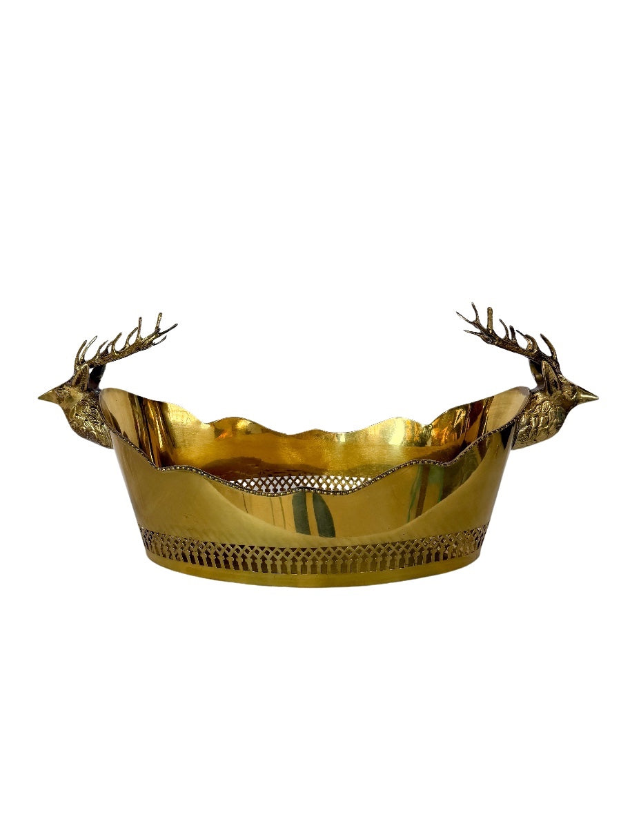 Brass Oval Bowl with Stag Head Handles & Pierced Lattice Detail