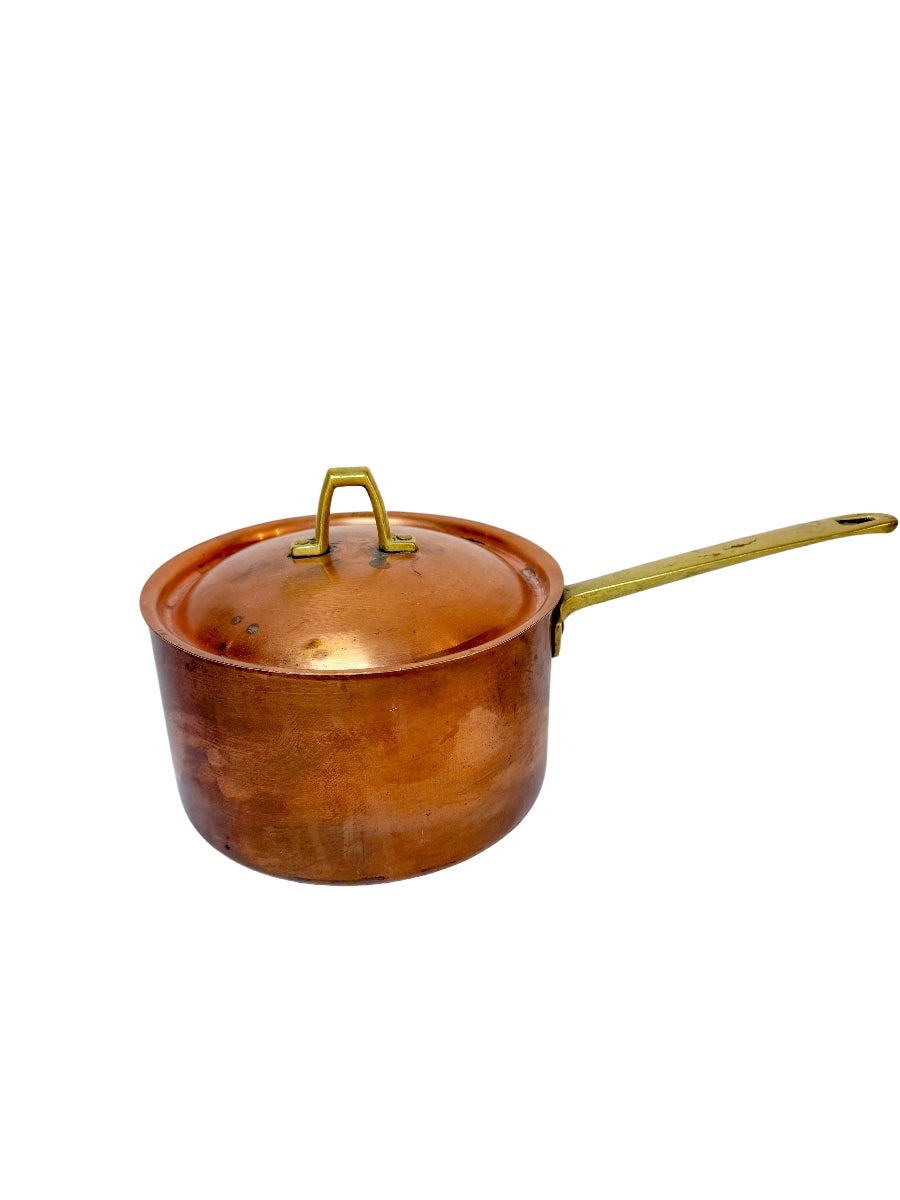 Vintage French Style Copper Saucepan with Fitted Brass-Handled Lid