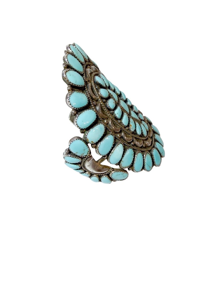 Signed Vintage Zuni Sterling Silver & Turquoise Cluster Cuff Bracelet
