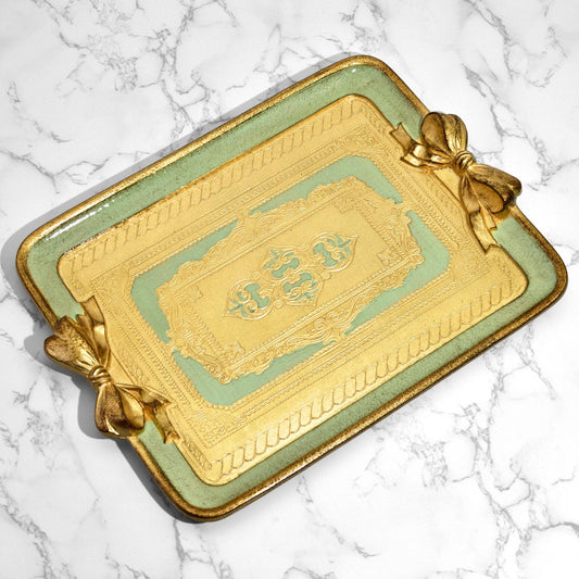 Florentine Carved Rectangle Bow Tray, Made in Italy: Sage Green