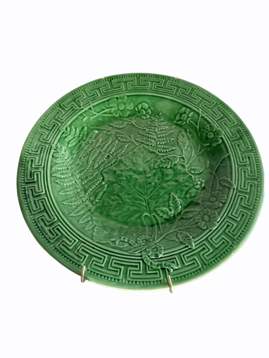 Vintage Italian green glazed botanical charger with raised fern & flor