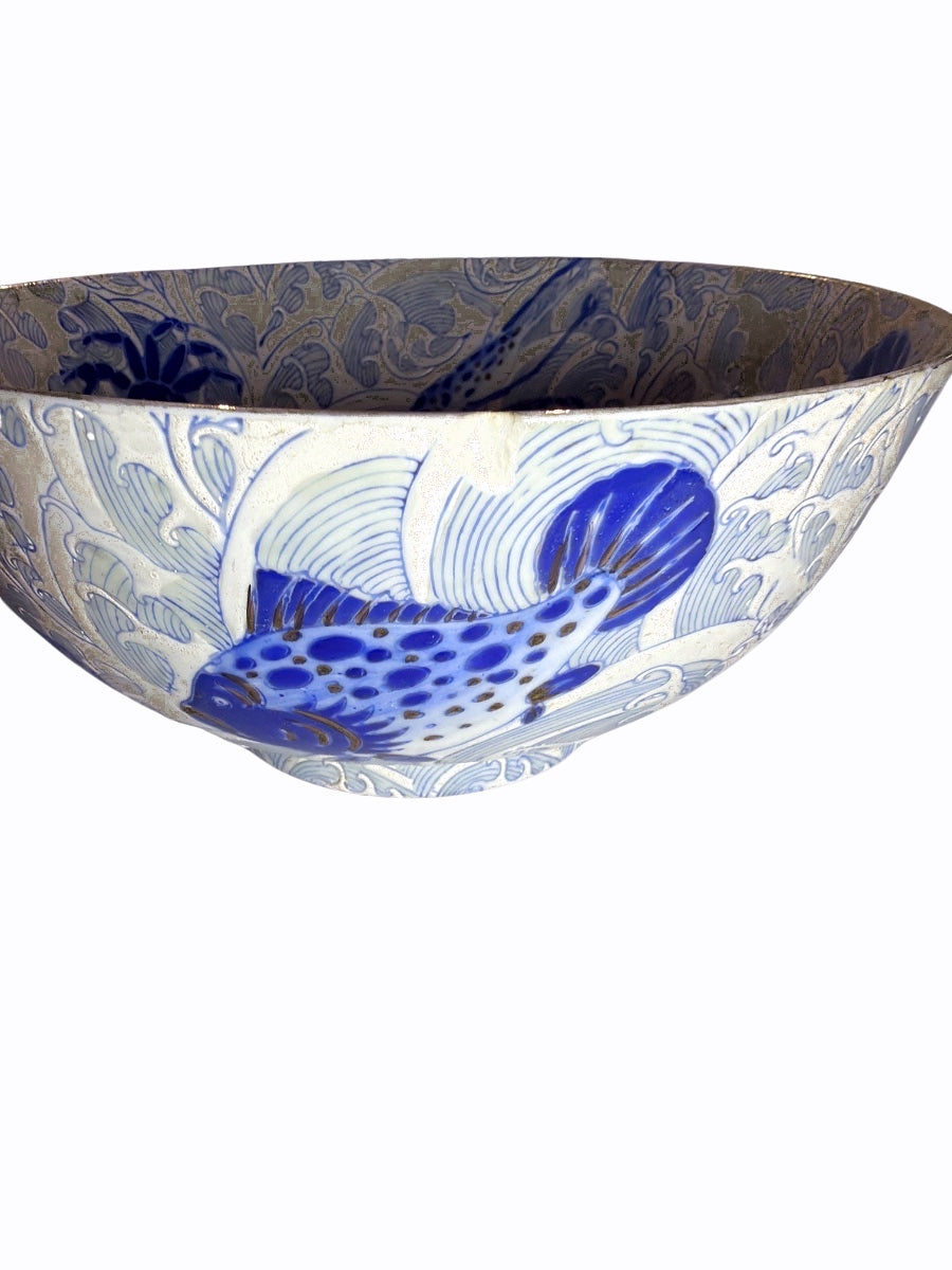 Asian Blue & White Ceramic bowl with Fish & Floral Motif as found