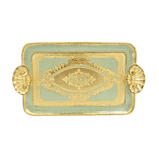 Florentine Carved Wood Rectangle Mini Tray with Shell Handles, Made in Italy: Sage Green