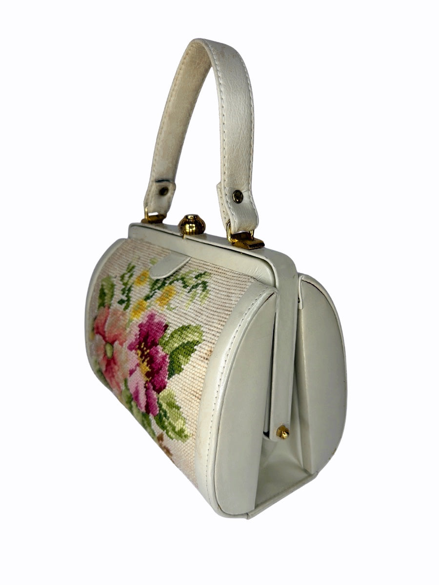 Vintage Floral Needlepoint & White Leather Frame Handbag