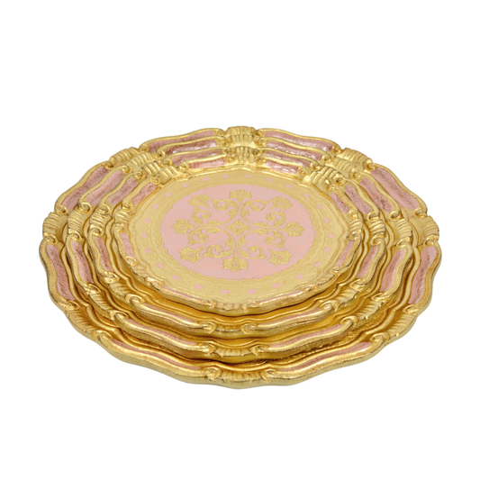 Florentine Carved Gilded Round Tray - Pink