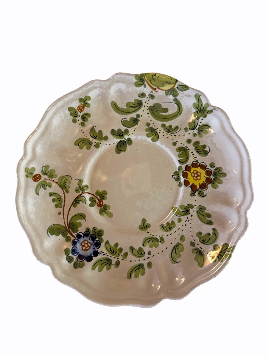 Hand-Painted Italian Majolica Saucer with Floral Botanical Motif