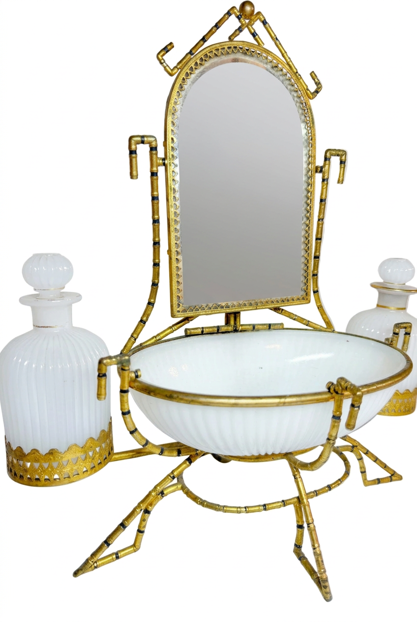 Antique French Palais Royal Opaline Vanity Set on brass bamboo set