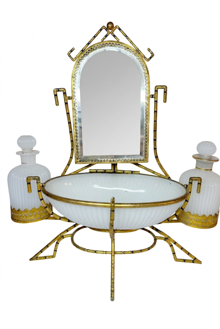 Antique French Palais Royal Opaline Vanity Set on brass bamboo set