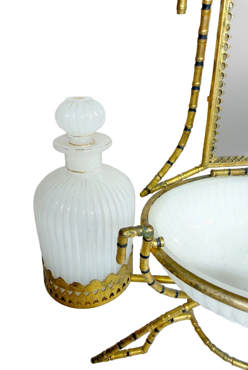 Antique French Palais Royal Opaline Vanity Set on brass bamboo set