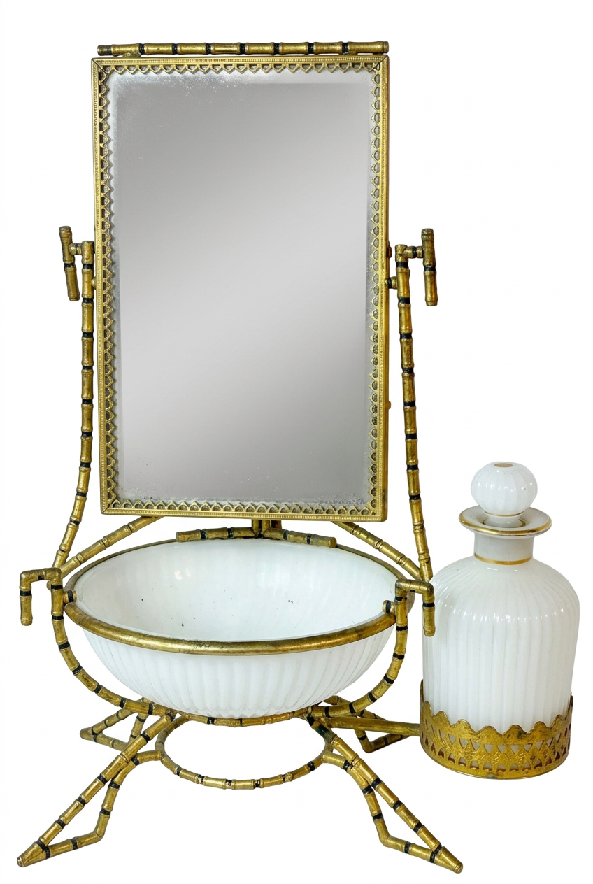 Antique French Palais Royal Opaline Vanity Set on brass bamboo set