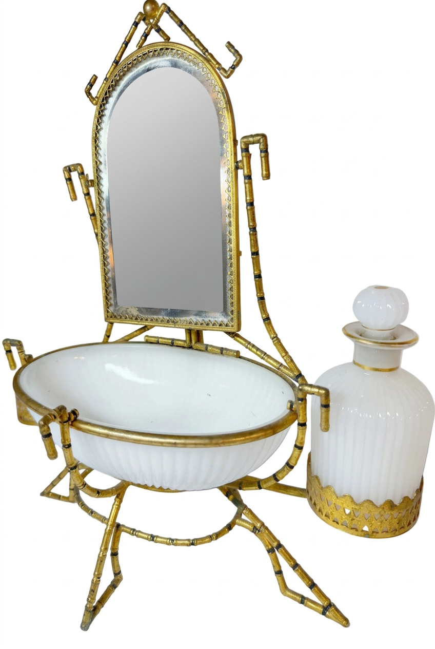 Antique French Palais Royal Opaline Vanity Set on brass bamboo set