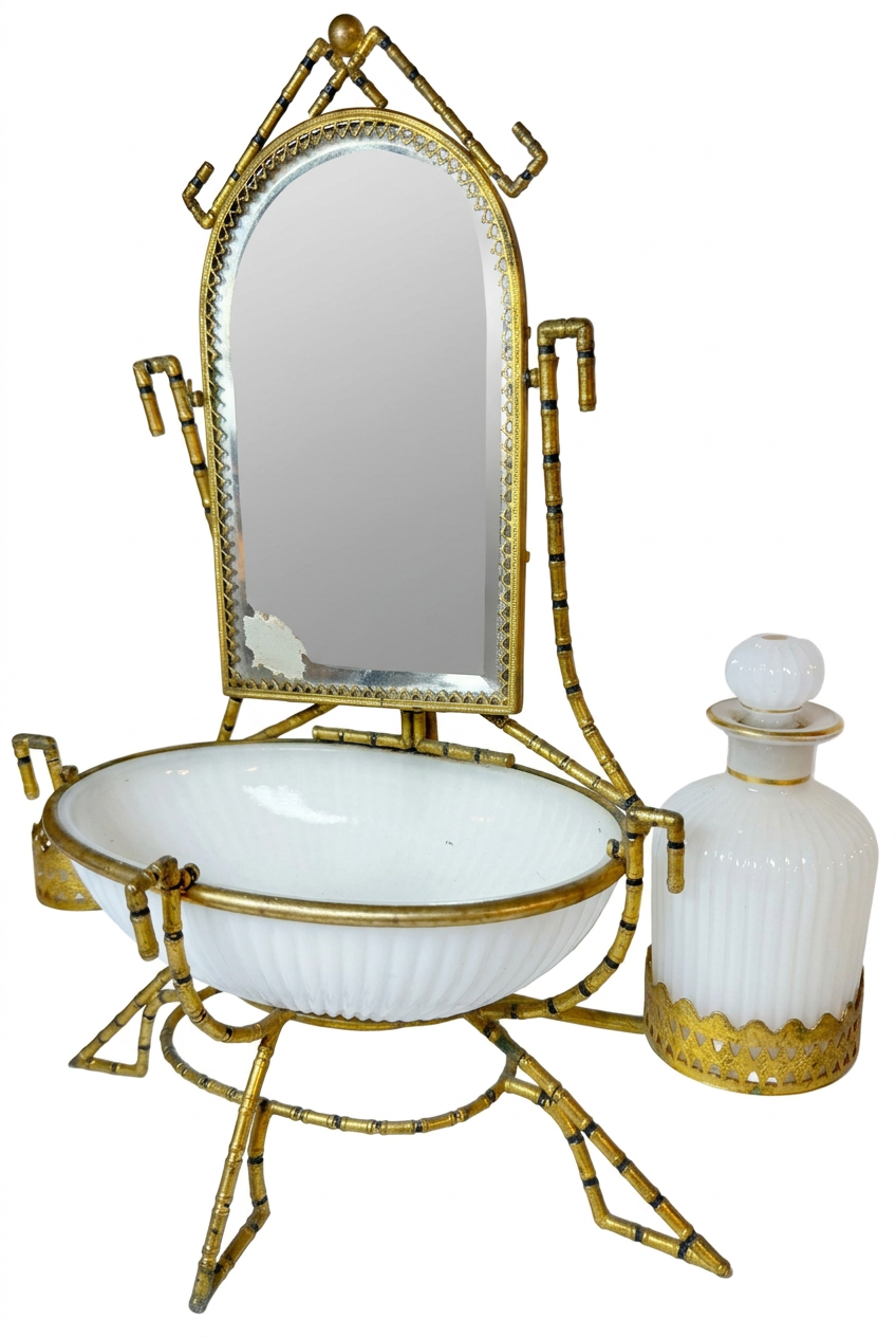 Antique French Palais Royal Opaline Vanity Set on brass bamboo set
