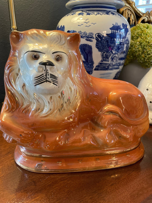 Antique Staffordshire Pottery Lion with Glass Eyes, 1880’s, grandmillenial, earthenware, mantle