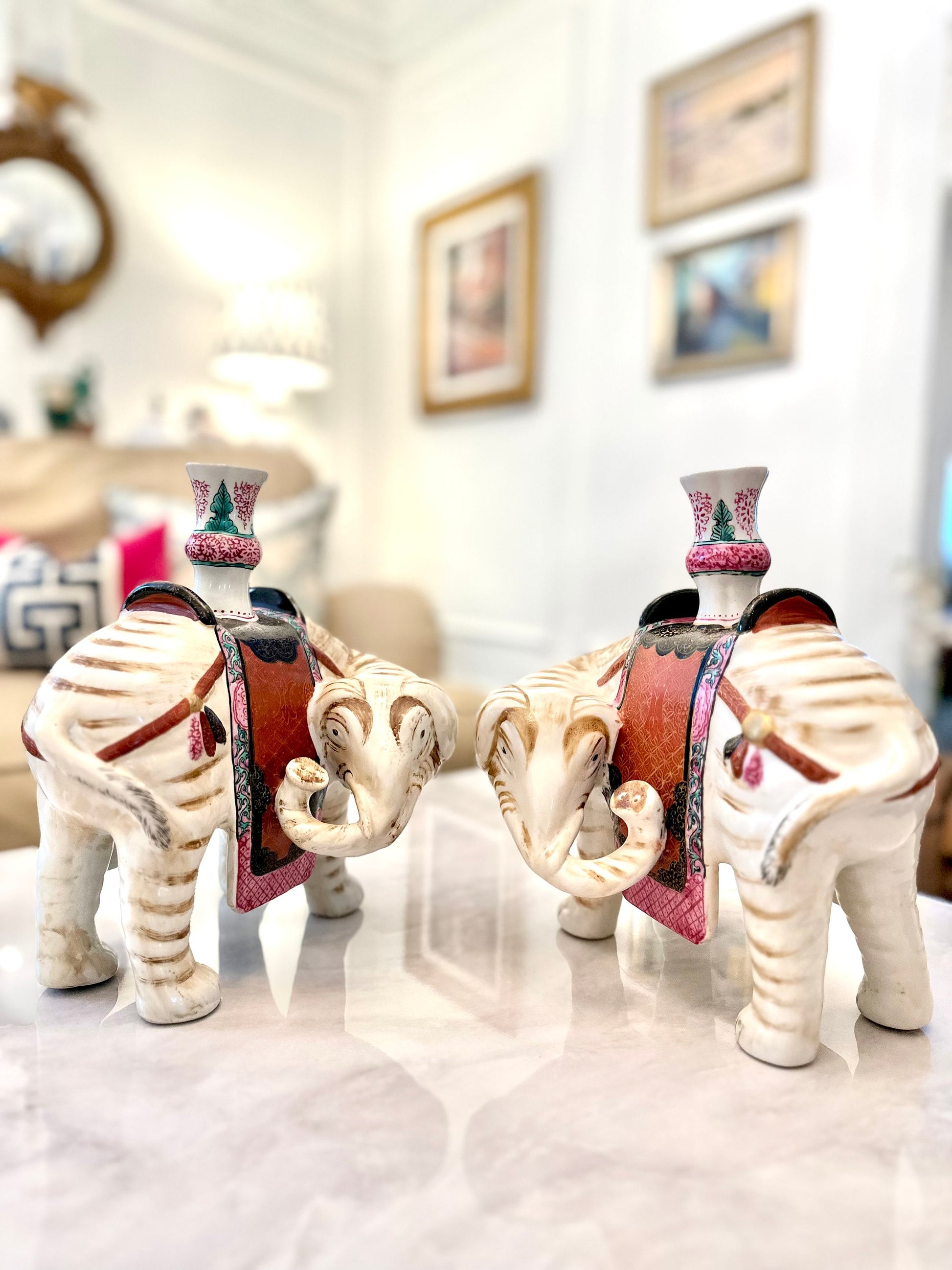 Pair of Wintherthur Mottahedeh Chinese Porcelain Elephant Candle Holders